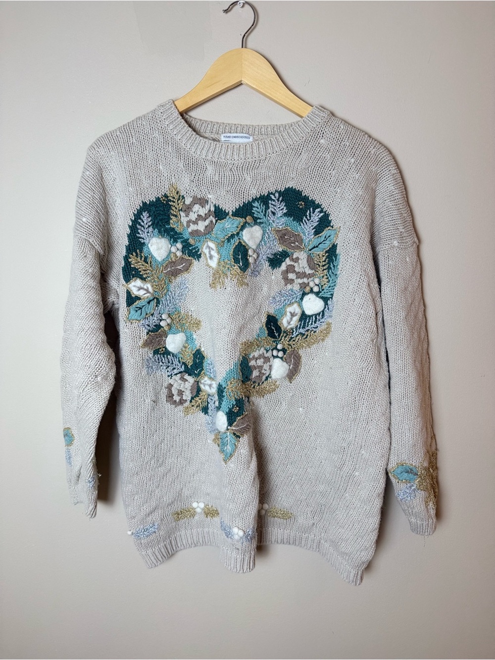 Christopher Banks Hand Embroidered Floral Heart Sweater Size L Cream #VintageKni